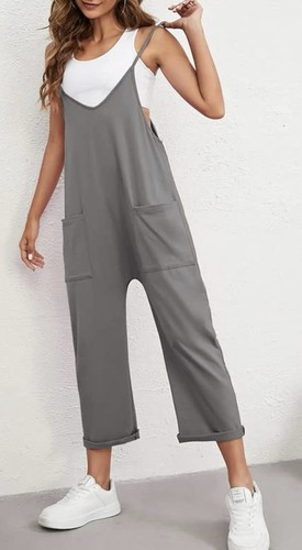 Women's Sleeveless Grey Jumpsuit V Neck Adjustable Strap with Pocket Sz XL - Picture 2 of 5