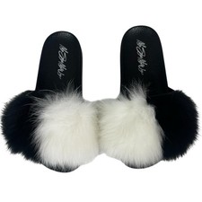 Black  White FOX Slippers, Slides, Sz 8, LUXURY GIFT, Certified Vintage Fur