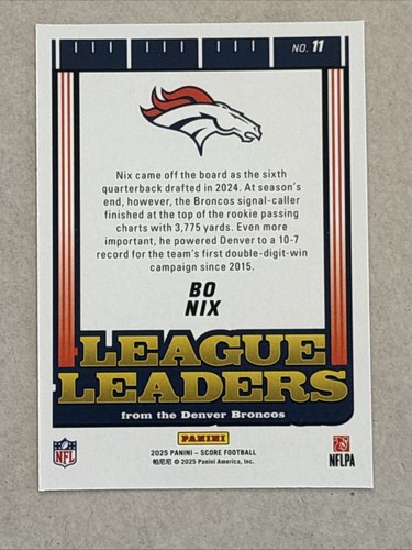 Panini Score Bo Nix 2025•QB Denver Broncos #11 League Leaders 3.775 yardas  - Imagen 2 de 3