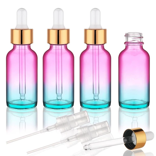 4 pack 1 oz Glass Dropper Bottle with Extra 2 Spray Nozzles 30ml Rainbow Colo... - Picture 1 of 7