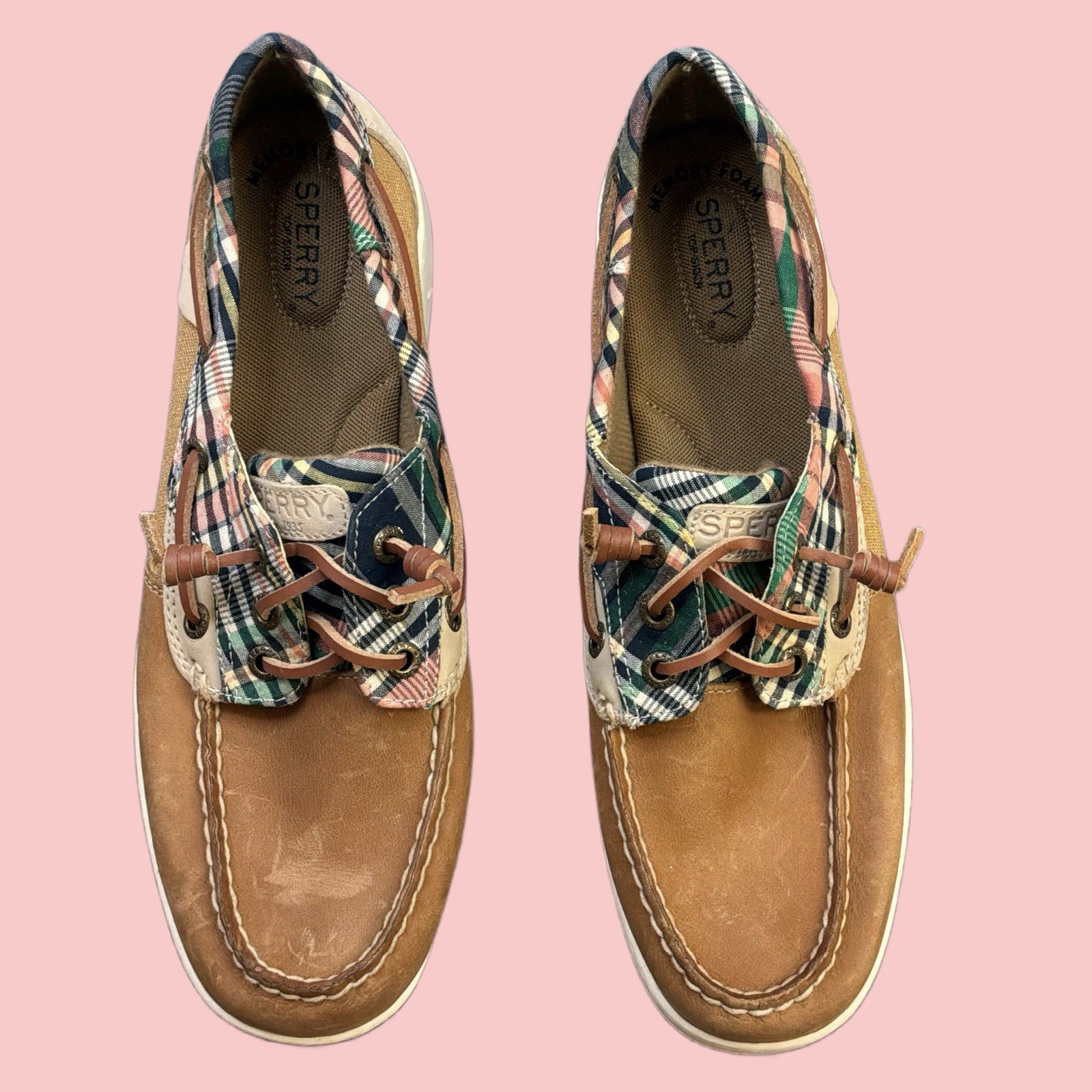 Sperry Songfish Boat Shoes Tan Leather Plaid Women’s 9.5 Spring Preppy Style