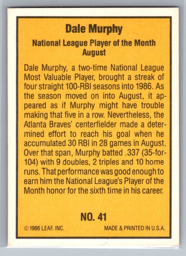 1986 Donruss Highlights #41 Dale Murphy Atlanta Braves - Picture 2 of 2