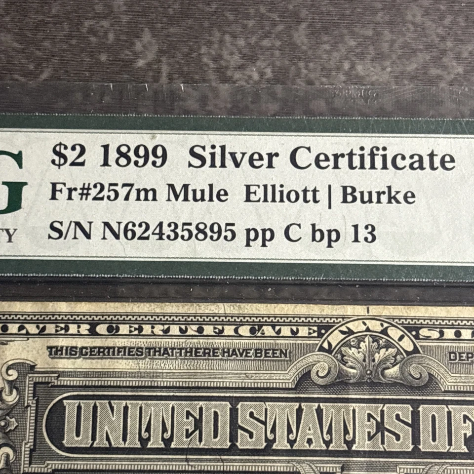 1899 $2 Two Dollar Silver Certificate MINI PORTHOLE PMG XF 40 EPQ Fr 257m MULE - Image 3 of 4