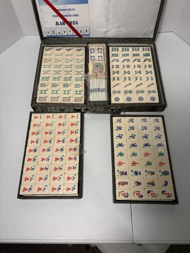 Set piastrelle bambù Mahjong metà secolo nuovo vintage completo con bastoncini da scommessa, dadi - Foto 1 di 7