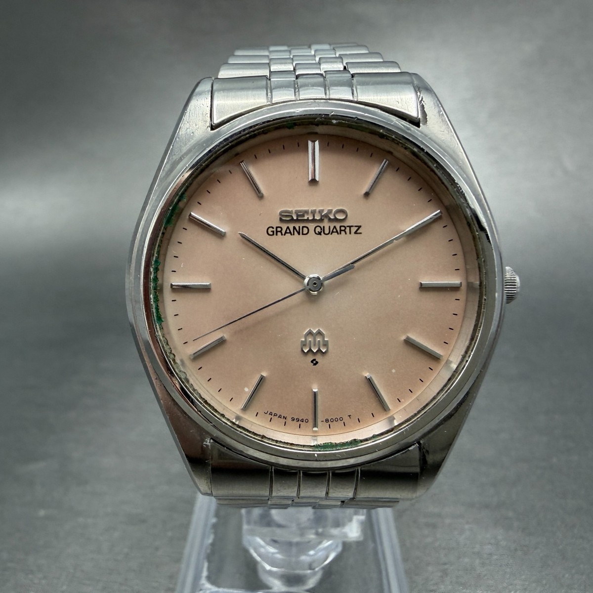 Seiko Grand Quartz Watch Men 35mm Pink Dial Silver Tone Round 9940