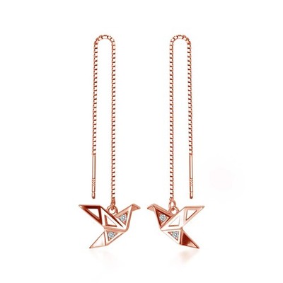 Origami Paper Crane Dangle Drop Earrings Sterling Silver Good Luck Tassel Thread
