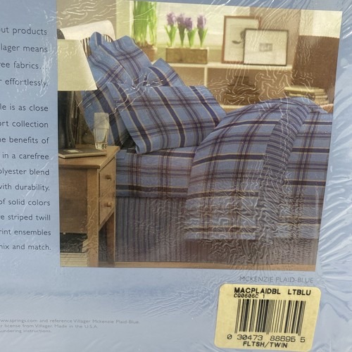 NUOVO set lenzuola gemelle vintage Liz Claiborne Villager blu plaid 3 pezzi NOS made USA - Foto 6 di 7