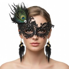 Women's Peacock Feather Masquerade Mask with Earrings Lace Costume Accessory
