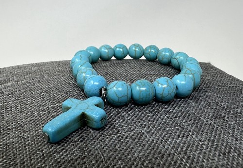 Handmade Howlite Turquoise Cross Bracelet - Stretch Beaded Spiritual Jewelry - Picture 6 of 10