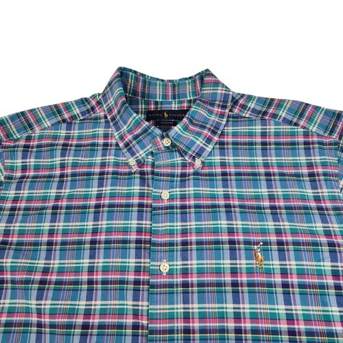 Ralph Lauren Mens XL Blue Pink Plaid Button Down Shirt Flesh Pony Long Sleeve