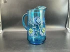 Vtg Anchor Hocking Blue Misty Daisy Pitcher W/ Ice Lip 10” T