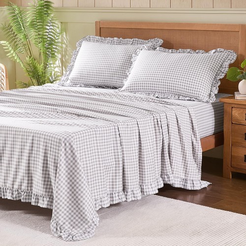 Gingham Queen Sheet Set, Lightweight Super Soft Brushed Microfiber Plaid Bed ...