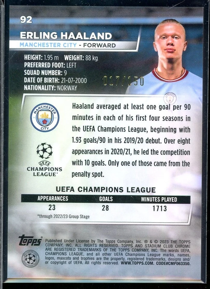 2022-23 Stadium Club Chrome UEFA Pink Wave Refractors #92 Erling Haaland 017/150 - Image 2 of 2