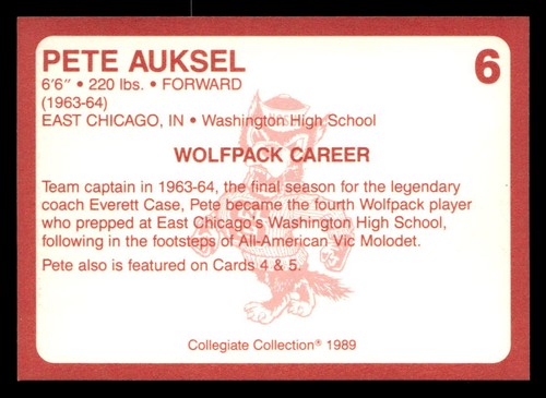Pete Auksel 1989 Collegiate Collection NC State's Finest Card #6 - Picture 2 of 2