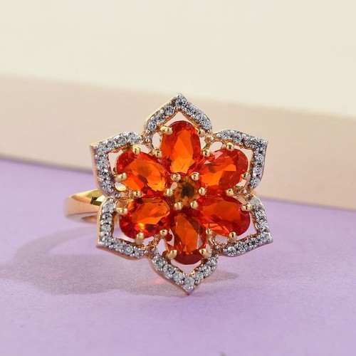 Mexican Fire Opal White Zircon Floral Ring in Sterling Silver October Birthstone - Bild 1 von 4