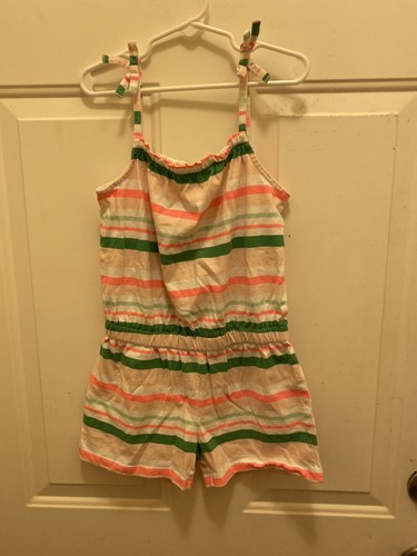 Gymboree Romper  Shortall Girl's Size 8 White Peach & Green Stripes EUC