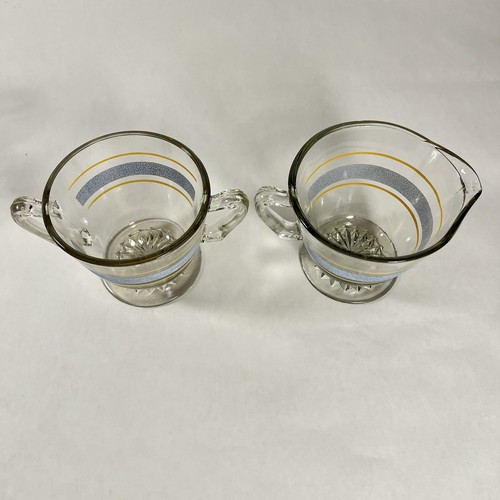 Vintage Mid Century Klarglas Zuckerkännchen & Milchkännchen blau & gelbe Streifen - Bild 5 von 6