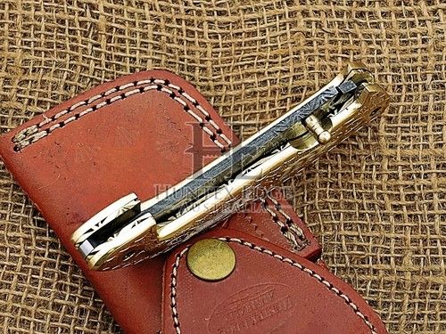 HUNTEX Handmade Damascus Blade, Engraved Brass Handle,110mm Skinner Pocket Knife - Picture 8 of 10
