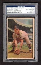 1953 Bowman #134 Johnny Pesky TIGERS SIGNED AUTOGRAPH CARD  PSA / DNA AUTHENTIC