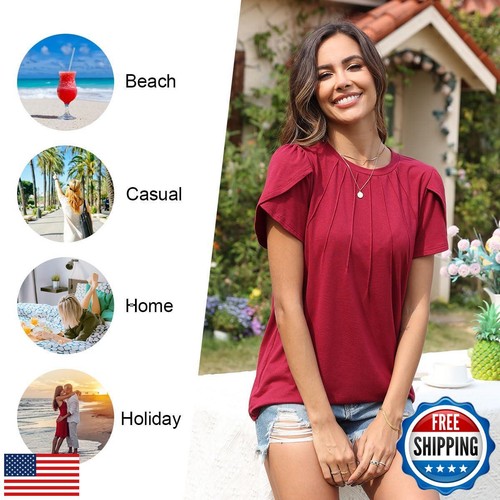 Addtoo Womens 2025 Tops Summer Shirts Casual Short Sleeve Pleated Front Blous - Picture 4 of 5