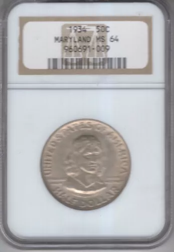 1934MARYLAND COMMEMORATIVE HALF DOLLAR NGC CERTIFIED MS64 DEEP FROSTY LUSTER