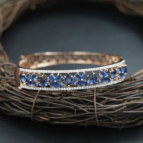 1.80ct Natural Round Diamond 14k Yellow Gold Sapphire Anniversary Bracelet - Picture 2 of 3