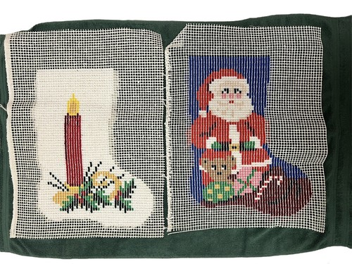 Vtg Santa Candle Christmas Stocking Latch Hook Kitsch Shag Set Of Two Incomplete - Picture 4 of 7