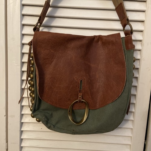LUCKY BRAND Green Moss Canvas Crossbody Messenger Bag Brown Leather Studded