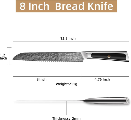Sunnecko 8'' Bread Knife Japanese Damascus Steel Kitchen Sandwich Serrated Knife - Picture 4 of 8