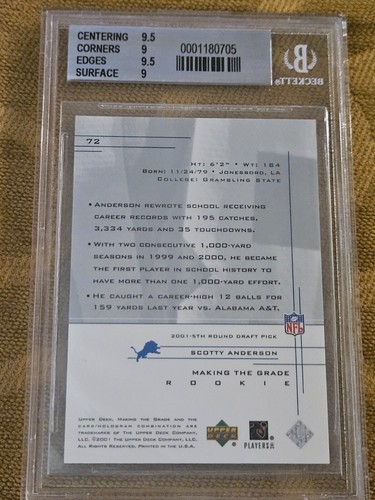 Serie de novato graduada UD 2001 BGS 9 como nueva # 72 Scotty Anderson RC WR Lions - Imagen 7 de 11