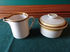MIKASA STONE MANOR STONEWARE COVERED SUGAR  CREAMER, F5800, TAN W. BROWN RIM