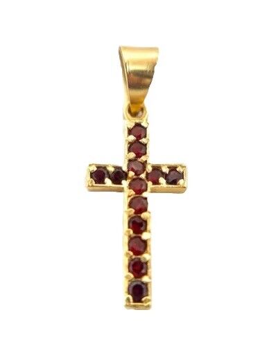 18K Gold Garnet January Birthstone Cross Religious Charm Pendant - Picture 2 of 9