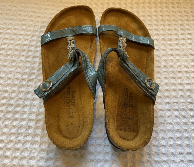 NAOT Malibu Patent Leather Jeweled T-Strap Slides Sandals $160 Teal Blue 41 / 10 | eBay