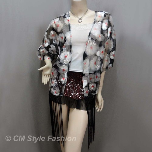 Floral Mesh Kimono Sleeve Fringes Cardigan Top Black Gray OS - Bild 1 von 4