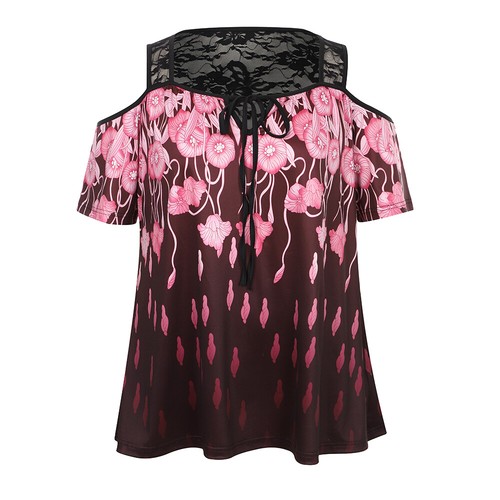 Plus Size Womens V-Neck Floral Tunic Tops Ladies Lace Cold Shouder T Shirts Tee - Picture 8 of 19