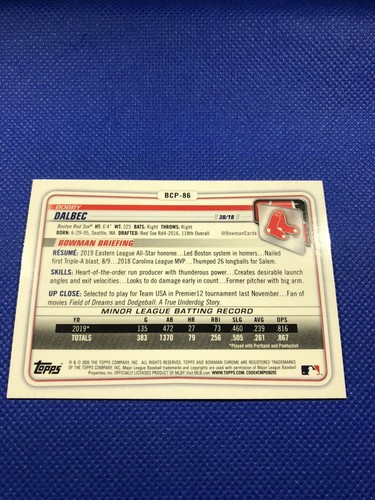 #BCP-86 2020 Bobby Dalbec Bowman cromo béisbol prospecto Medias Rojas - Imagen 2 de 2