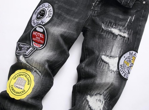 Men's Black Denim Cotton Jeans Straight Leg Casual Stretch Pants Badge Punk New - Bild 5 von 9