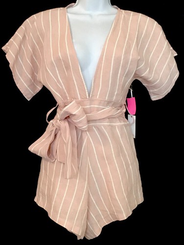 winston white Liona Romper Linen Mauve Stripe S/Sleeved Tie Waist Nwt Size Xs - Picture 1 of 10