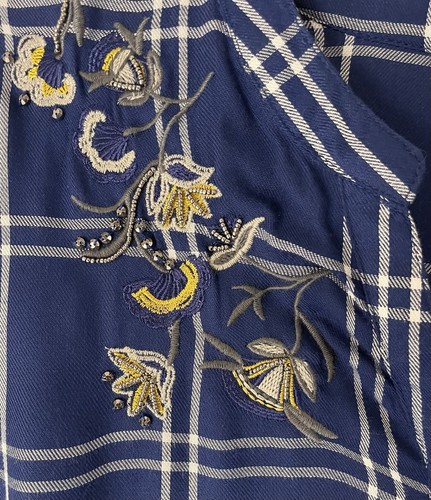 Tantrums Top Womens XL Blue Embroidered Beaded V Neck Window Pane Relaxed Tunic - Picture 10 of 11