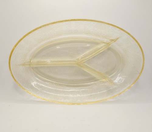 Vintage Florentiner #2 gelbe Hasel Atlas Vertiefung Glas geteilt oval Relish Schale - Bild 1 von 11