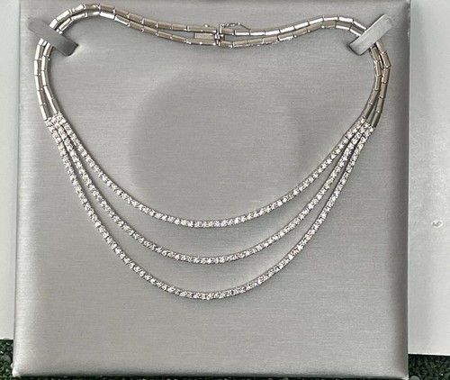 Vtg.Sign FAS 925 Sterling Silver  Triple Row Set CZ Tennis Necklace Mint 15” + - Picture 1 of 4