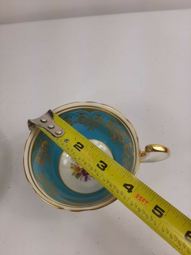 Aynsley Fine Bone China Teacup & Saucer Turquoise Floral Pattern England - Picture 8 of 12