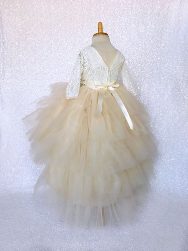 Ivory Lace 3/4 Sleeve Multicolor High Low Tulle Ruffle Flower Girl Dress Wedding - Picture 31 of 50