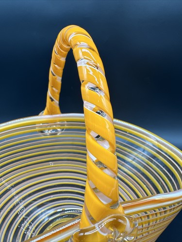 Vintage Block Kristall Korb - 2 Farben Orange, Weiß, Klar Wirbel-Mundgeblasen - 9 1/2" - Bild 3 von 6