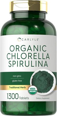 Organic Chlorella Spirulina Tablets | 1300 Count | 50/50 Blend | Non-Gmo