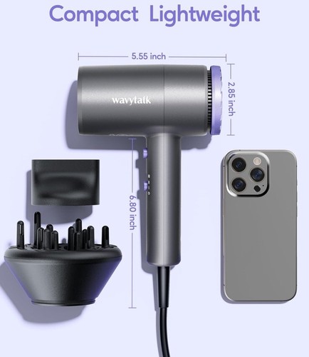 Wavytalk 1875W Ionen Haartrockner mit Diffusor leicht, grau & lila - Bild 4 von 8