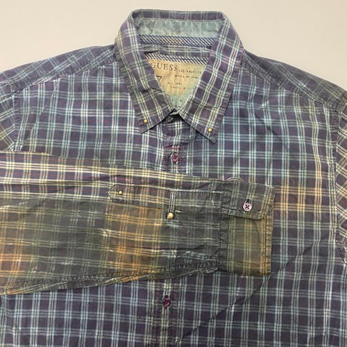 Guess Vintage Tokyo Hard Rock Slim Men's Size M Check Acid Washed Casual Shirt - Picture 7 of 12