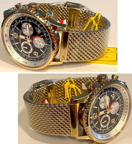 50mm Black FLIGHT COMMANDER Goldtone Mesh Band Swiss Z60 CHASE DRUER Mens Watch - Picture 10 of 12