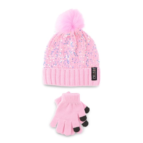 Justice Girls Sequin Beanie Hat with Pom and Gloves, 2-Piece Set PINK NEW - Picture 5 of 13