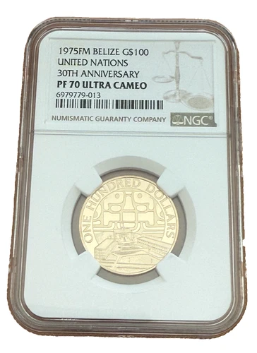 Belize 1975 FM Gold $100 NGC PF70UC United Nations 30th Anniversary